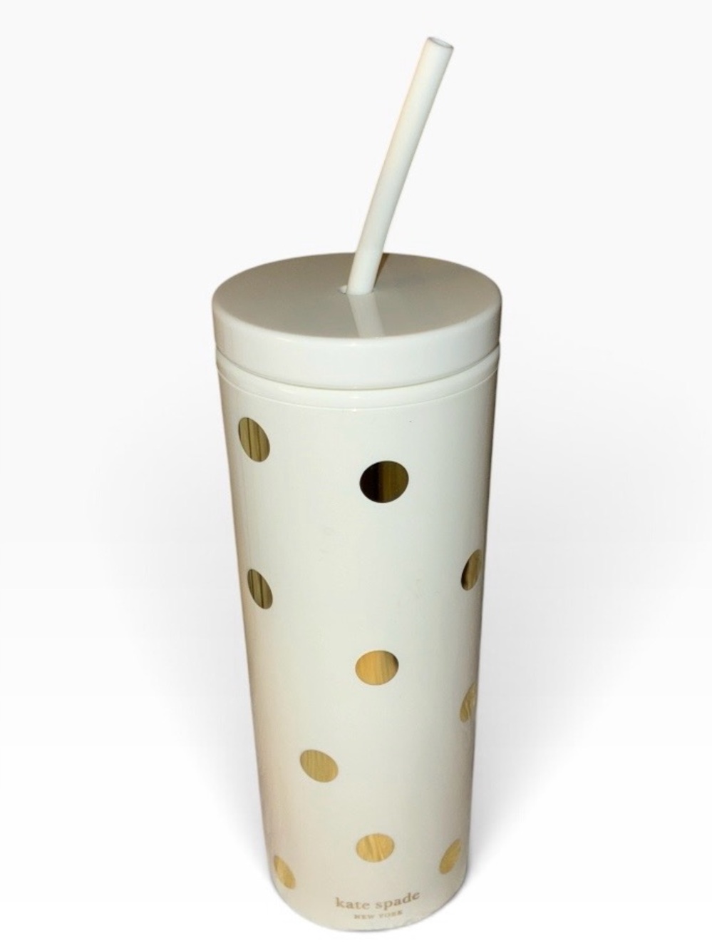 Kate Spade White Tumbler with Gold Polka Dots and Straw
